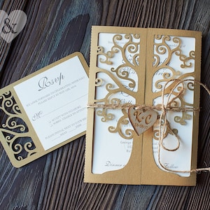 Tree rustic wedding invitation with rsvp & heart, Laser cut eco invitation 5x7 template, Laser cut tree, Fall invitation svg cricut cameo