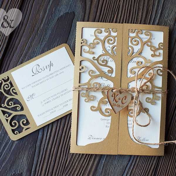 Baum rustikale Hochzeitseinladung mit rsvp & Herz, Laser geschnittene Öko Einladung 5x7 Vorlage, Laser geschnittene Baum, Herbst Einladung svg cricut Cameo