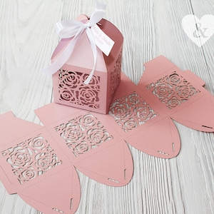 Caja de regalo de rosa rosa cortada a láser SVG con lazo, cajas de regalo de pastel de bodas Cricut, plantilla de caja de regalo de fiesta de cumpleaños, archivos digitales o artículo físico