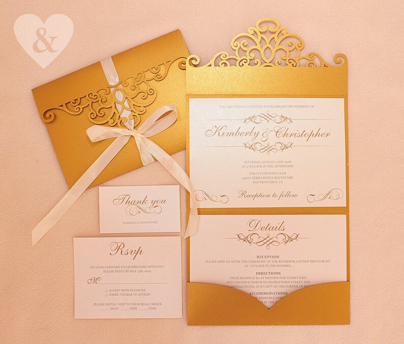 Gold pocket wedding invitation kit Vintage vedding invitation Etsy