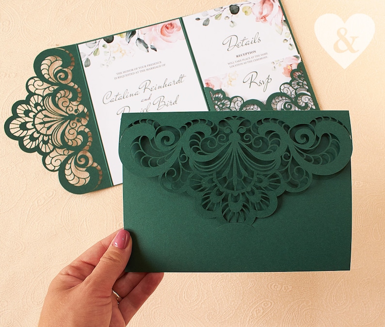 Emerald green pocket wedding invitation kit Dusty green wedding invitation laser cut set Green invite lasercut suite-Green flowers invites