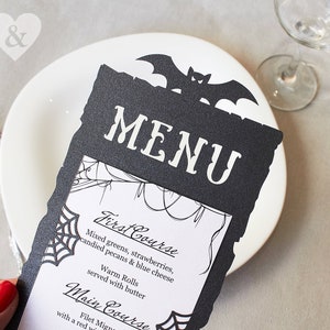 Halloween Hochzeit Partygäste Menükarte Fledermaus Spinnennetz Gothic Abendmenü Laser cut handmade svg Tischdeko Cricut Papierschnitt Cameo dxf
