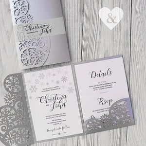 Weihnachtshochzeitseinladungen-Winterhochzeitseinladungen-Schneeflocke Hochzeitseinladung-Pocketfold -einladung-Tri-fold svg Cricut-Vorlage