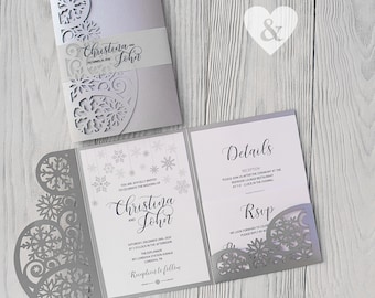 Christmas wedding invitations-Winter wedding invitations-Snowflake wedding invitation-Pocketfold -invitation-Tri-fold svg cricut template