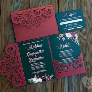 Dark green invite & Marsala rose gold invitation text lasercut set-Navy green wedding invitation-Red green invite flowers trifold pocket svg