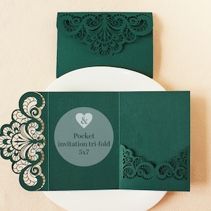 Convite de casamento decorativo verde esmeralda svg bolso faça você mesmo, convite verde empoeirado cricut, envelope verde 5x7 cortado a laser com três dobras e papel dxf