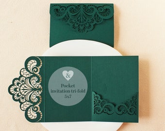Emerald Green Wedding Invitation Pocket, Laser Cut Tri-Fold cricut Template (SVG, DXF)