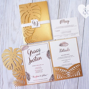 Inviti di nozze con foglie tropicali dorate e brillanti, taglio laser, invito con foglie di palma e lamina oro rosa, modello Cricut a tre ante 5x7 in formato SVG