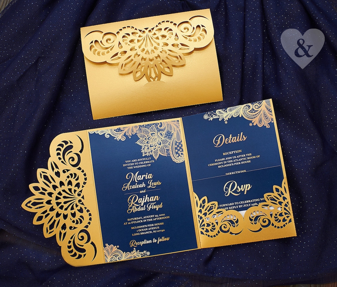 Invitación de boda india cortada a láser en azul marino y dorado, plantilla  Cricut SVG con bolsillo tríptico - Etsy México, image size:1080x919