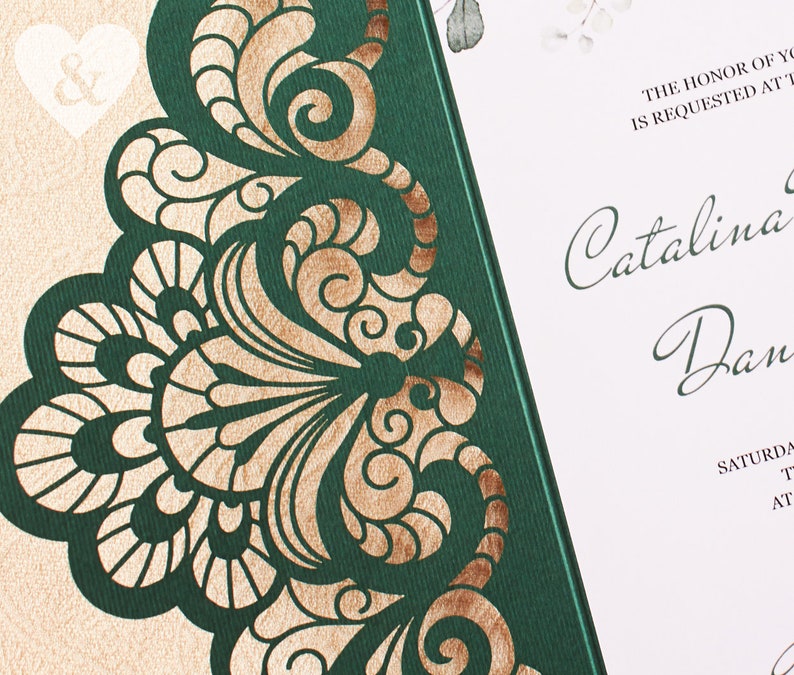 Emerald green pocket wedding invitation kit Dusty green wedding invitation laser cut set Green invite lasercut suite-Green flowers invites