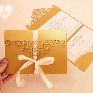 Set di inviti di nozze trif-old oro, invito di nozze vintage tagliato al laser in formato SVG, modello di invito scintillante, cameo cricut invito autunnale