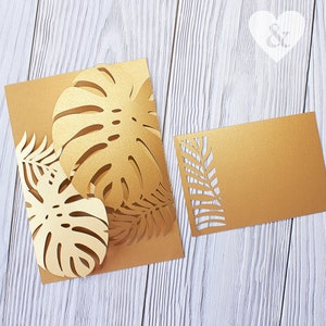 Foglie tropicali luccicanti oro taglio laser invito matrimonio fai da te, modello tascabile apribile 5x7 invito foglia di palma, Cricut paparcut cameo svg