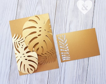 Gold shimmer tropical leaves DIY wedding invitation laser cut, Palm leaf invitation gatefold 5x7 pocket template, Cricut paparcut cameo svg