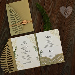 Farn Hochzeit einladen, Botanische Einladung öko, Hochzeitseinladung, Farn Blatt Einladung Laser cut, Blatt Tasche Einladung 3fach svg