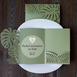 Green tropical leaves diy wedding invitation lasercut pocket, Palm leaf svg invitation template, Tri-fold 5x7 envelope cricut papercut cameo