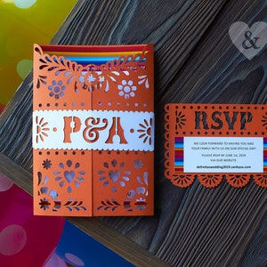 Papel picado einladung, mexikanische Hochzeitseinladungen Bauchbänder, Verlobung Fiesta Einladung orange, Laser geschnitten Monogramm Einladung svg