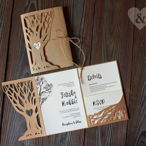 Tree wedding invite, Laser cut tree wedding invitation, Pocketfold wedding invitation eco, Trifold invitations, Pocket fold envelope svg