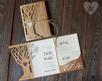 Lasergesneden boom huwelijksuitnodiging, pocketfold driebladige cricut svg-sjabloon