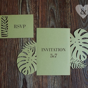 Tropische grüne Blätter, DIY-Hochzeitseinladung, lasergeschnittene Basis, Palmblatt, 2-fache Einladungen, 5 x 7 Taschen, Gatefold-Umschlag, SVG-Vorlage, Cricut