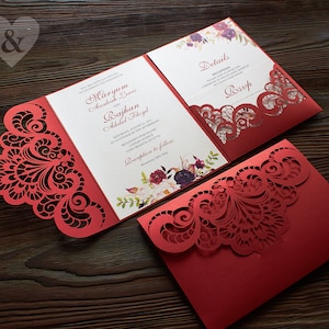 Ruby red and pearl white wedding invitation set, Shimmering scarlet laser cut invitation, Cherry red tri fold invitation with glitter svg