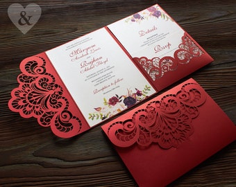 Ruby red and pearl white wedding invitation set, Shimmering scarlet laser cut invitation, Cherry red tri fold invitation with glitter svg