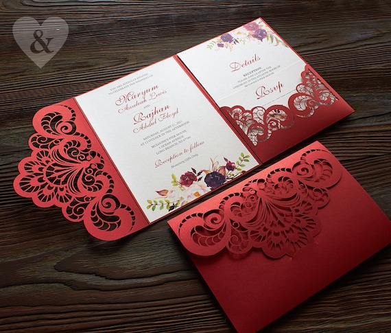 Biglietti Invito Matrimonio Con Taglio Laser E Pizzo - 50 Pezzi, Colore Rosso, Formato 18x12.5 Cm