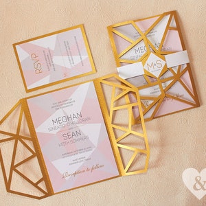 Modern wedding invitations, Gold wedding invite, Geometric invitation, Gatefold invitation, Modern invites, Laser cut wedding invitation svg