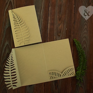 Invito tascabile per matrimonio con felce fai da te, Invito tascabile con foglia ripiegabile, Tasca con felce tagliata al laser, Invito eco verde botanico SVG Cricut