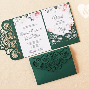 Smaragdgrüne Hochzeitseinladung, Lasercut Lasercut Einladungsset, Grüne Blumen lädt ein