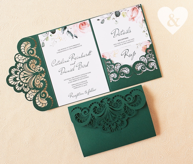 Emerald green pocket wedding invitation kit Dusty green wedding invitation laser cut set Green invite lasercut suite-Green flowers invites