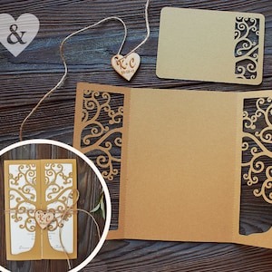 Invito a nozze rustico albero fai da te con cuore, modello 5x7 di invito apribile Eco tagliato al laser, invito a nozze svg cricut papercut cameo