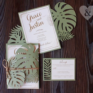 Groene tropische bladeren bruiloft uitnodiging lasergesneden svg set, groene palmbladeren uitnodiging eco, klapper 5 x 7 envelop sjabloon cricut papercut