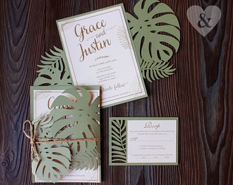 Green tropical leaves wedding invitation laser cut set, Green palm leaves invitation eco, Gatefold 5x7 envelope svg template cricut papercut