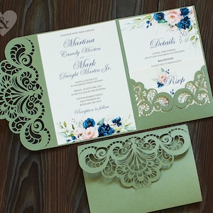Grünes Hochzeitseinladungs-Set, Eukalyptus-Hochzeitseinladung mit weißem und dunkelblauem Text, Sage Einladungen Laser-cut, Trifold Einladungen 5x7 svg