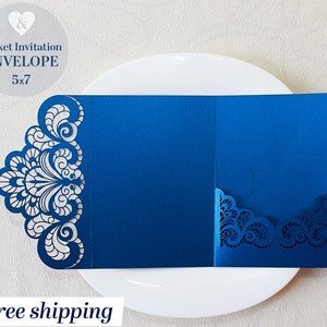 Tasca per invito di nozze blu navy metallizzato, modello di invito fai da te blu scuro, tasca con taglio laser lucido a tre pieghe, tasca Cricut 5x7 svg