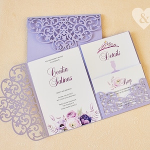 Spitze lila Hochzeitseinladung, Lila Hochzeitseinladung Lasercut-Set, Pocketfold Hochzeitseinladung, Trifold Einladungen 5x7 svg Cricut