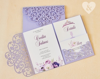 Lace lilac wedding invitation, Purple wedding invitation lasercut set, Pocketfold wedding invitation, Trifold invitations 5x7 svg cricut