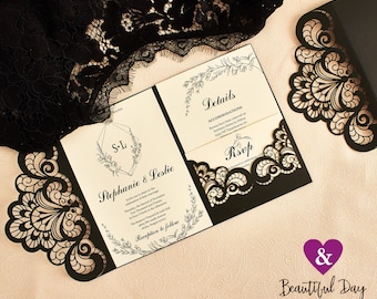 Black Lace Laser Cut Wedding Invitations, Elegant Pocket Invites cricut svg Template