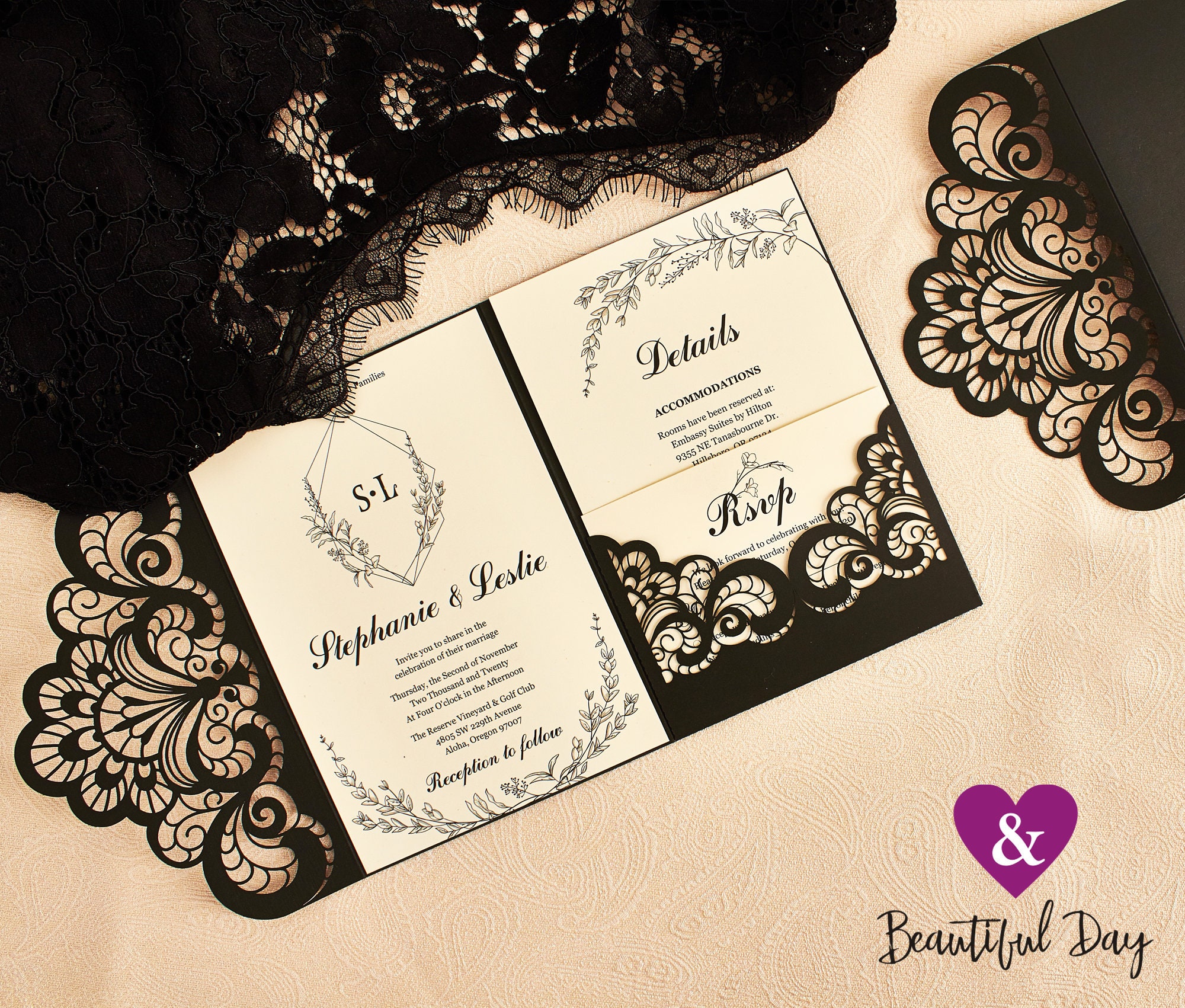 Black Lace Wedding Invitations, Matte Black Invites, Black Wedding