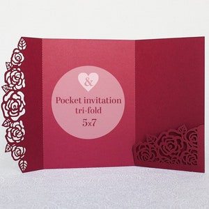 Fai da te bordeaux rosa invito a nozze taglio laser tasca ripiegabile, invito Marsala svg 5x7, modello di busta invito cricut papercut