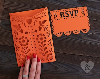 Papel Picado bröllopsinbjudan i fickformat, förlovningsinbjudan till fest, laserskuren Cricut svg-mall