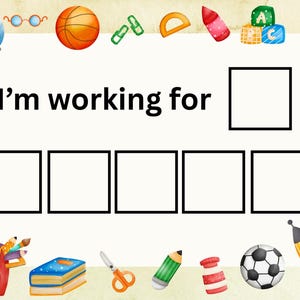 Puede incluir: Ilustración colorida con el texto "Estoy trabajando para" encima de casillas en blanco. La imagen incluye útiles escolares, un globo terráqueo, una pelota de baloncesto, un balón de fútbol americano, un balón de fútbol y un cohete.