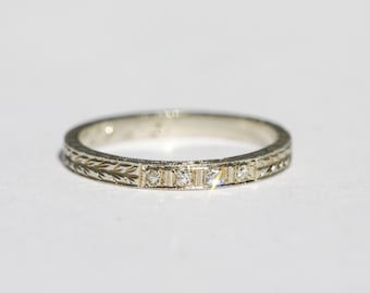 Anello vintage in oro bianco 18k con diamante taglio singolo inciso, con iscrizione 9-6-27, misura 5.0