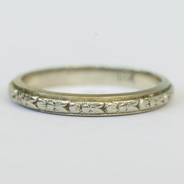 Anillo vintage de oro blanco de 18 quilates con grabado, talla 6,25