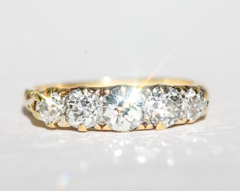 Anello antico in oro 18k con taglio europeo antico, 5 pietre, 6,5