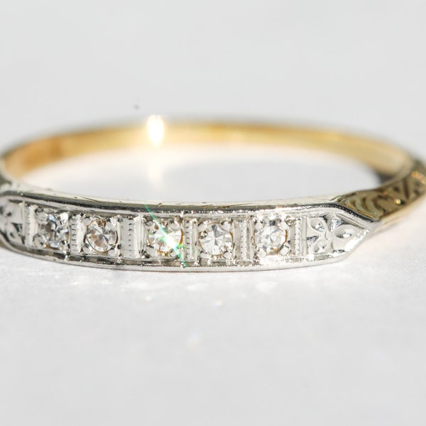 Antique Single Cut Diamond Platinum and 14k Yellow Gold Ring