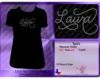 Rhinestone Design Laura in Beautiful Script Font - Bling Embellishment - Rhinestone SVG Cut File - Template Transfer Pattern
