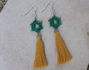 Silver snowflake Emerald tassel earrings gold