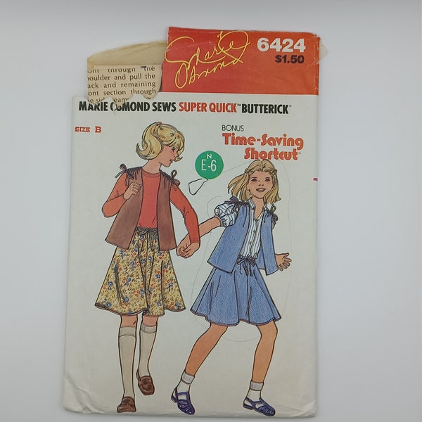 1980's Marie Osmond Sew Super Quick Butterick 6424 Vintage Girl's Skirt and Vest CUT Size B