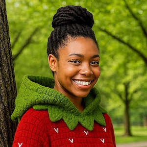 Peut inclure: Un pull rouge avec une capuche verte, conçu pour ressembler à une fraise. Le pull présente des motifs en forme de V blancs et est associé à un short en jean. La capuche a un bord festonné.